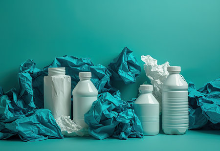 A colorful collection of broken plastic bottles is a powerful illustration of recycling and waste management effortsの素材