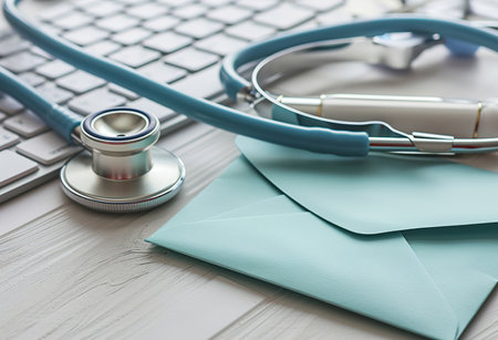 Integration of healthcare and technology: medical worker workplace with stethoscope, glasses and computersの素材