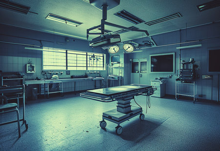 Advanced medical equipment in a modern sterile operating room illuminated by bright surgical lightsの素材