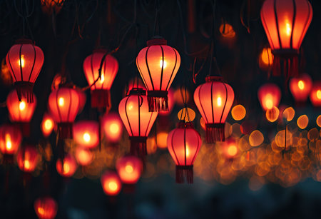 Illuminated red lanterns glow in the dark, creating a magical and enchanting atmosphere.の素材