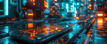 Futuristic representation of digital world with holographic visualization and data analysis illuminated by neon lightの素材