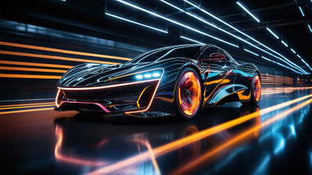 Futuristic sports car illuminated with neon lights in modern urban environment, aesthetic night sceneの素材
