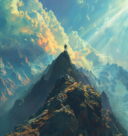 Lone explorer on top: majestic mountain peaks under shining skiesの素材