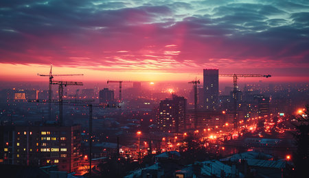 Foto per Sunset silhouettes: construction cranes towering over the cityscape under a majestic purple-orange sky - Immagine Royalty Free