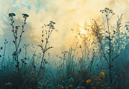 dew-kissed wild grasses sway gently against the backdrop of a serene morning sunrise, capturing the essence of a peaceful dawnの素材