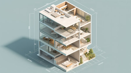 Architectural model of a modern residential building with detailed interior design and 3D visualization, including floor plans and furniture arrangementの素材