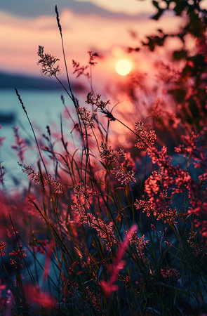 dew-kissed wild grasses sway gently against the backdrop of a serene morning sunrise, capturing the essence of a peaceful dawnの素材
