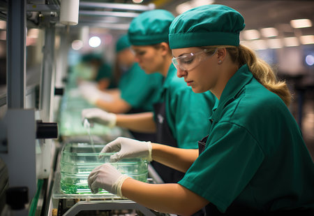 Dedicated workers in green uniforms check and pack bottled products on a modern assembly lineの素材