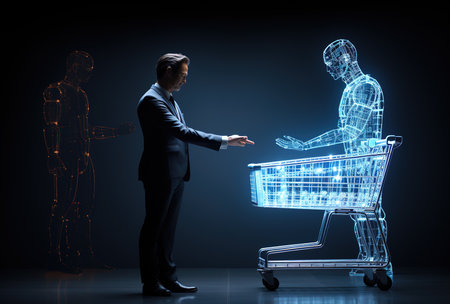 Virtual reality interaction: businessman interacting with digital human figure and shopping cart, illustrating e-commerce in the digital ageの素材