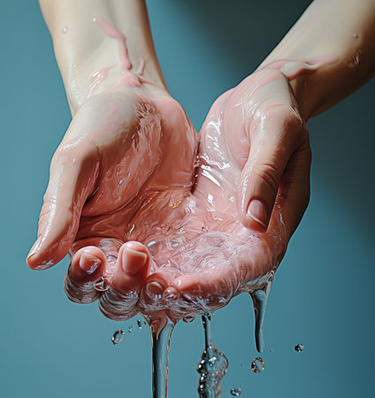 Close-up of hands scooping up water, capturing the essence of purity and refreshment in a moment of clarityの素材
