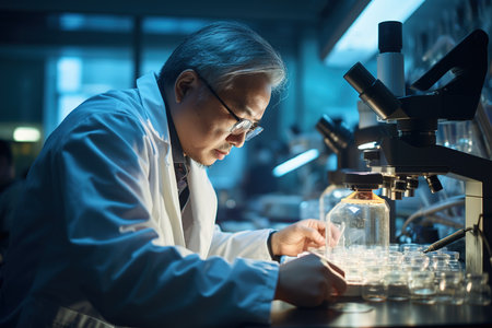 Dedicated scientists doing research analyzing samples under microscope in well equipped laboratoryの素材