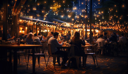 A charming evening in a bustling street cafe illuminated by glowing lights, amidst the tranquility of a cobbled streetの素材