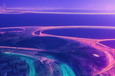 Modern city with wireless network connection and cityscape concept. Wireless network and connection technology concept with city background at night. 3d render, Raster illustration.の素材