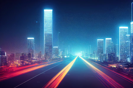 smart city at night, app development concept, smart city, internet of things, information technologyの素材