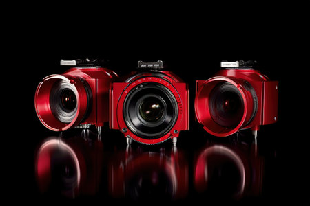 Camera lenses isolated on black backgroundの素材