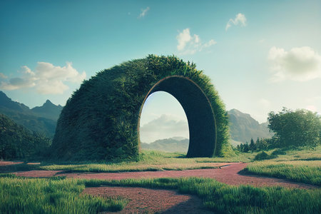 A beautiful secret fairytale garden with flower arches and colorful greenery. Digital Painting Background, Illustration.  3D rendering, raster illustration.の素材