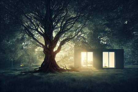 Gigantic tree with house inside, 3D rendering, raster illustration.の素材