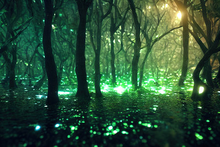 magical image of a bright firefly flying in the night forest. fairy tale concept,  3D rendering, raster illustration.の素材