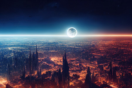 fantastic landscape with city, big moon. Night landscape.の素材