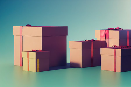 Colored Gift Boxes with Ribbon, 3D rendering, raster illustration.の素材
