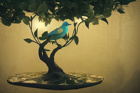 fantasy magical fairy tale landscape with mystical bird, fairy tale, mysterious abstract background, mystical bird, 3D rendering, raster illustration.の素材