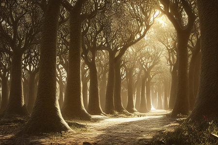 Beautiful mystical forest.Colorful landscape with enchanted trees. Landscape with a path in a dreamy forest. nature background, 3D rendering, raster illustration.の素材