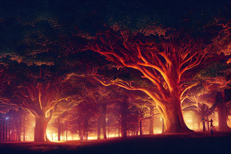 Fairy tree in fog. Old magical tree with big branches and orange leaves. Mystical autumn forest in fog. Magical forest.の素材