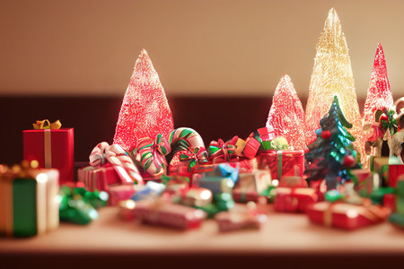 Christmas Tree with Decorations Near a Fireplace with Lights,  3d render, Raster illustration.の素材
