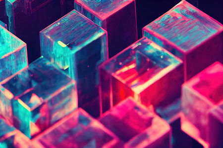 neon background with cubes, geometric object glowing in neon lightの素材