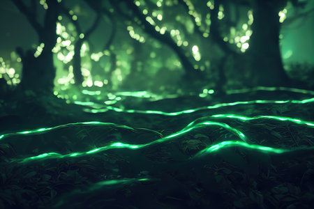 magical image of a bright firefly flying in the night forest. fairy tale concept,  3D rendering, raster illustration.の素材