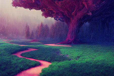 Beautiful mystical forest.Colorful landscape with enchanted trees. Landscape with a path in a dreamy forest. nature background, 3D rendering, raster illustration.の素材