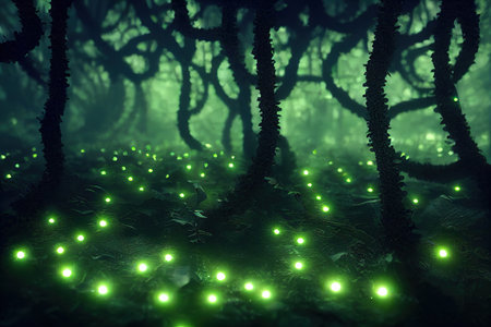 magical image of a bright firefly flying in the night forest. fairy tale concept,  3D rendering, raster illustration.の素材