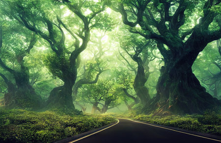 Beautiful mystical forest.Colorful landscape with enchanted trees. Landscape with a path in a dreamy forest. nature background, 3D rendering, raster illustration.の素材