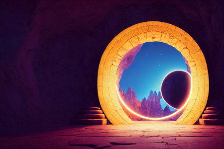 Futuristic fantasy night landscape with abstract landscape, moonlight, glow, moon, neon. Dark natural scene, Neon space galaxy portal. 3D rendering, raster illustration.の素材