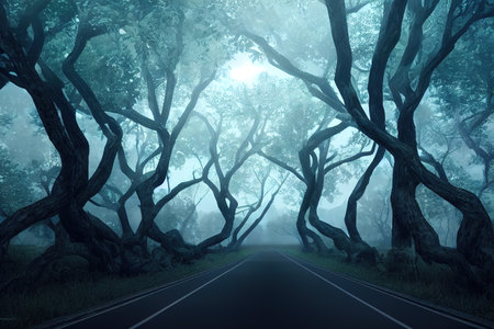 Fairy tree in fog. Old magical tree with big branches and orange leaves. Mystical autumn forest in fog. Magical forest. Amazing colorful landscape with misty tree with red foliage. Nature.Foggy forest. 3d render, Raster illustration.の素材