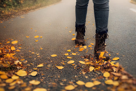 Autumn leaves of the forest road fall into the landscape on an autumn background,  3d render, Raster illustration.の素材