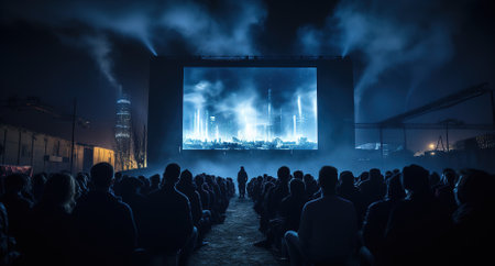 Spectators in the large hall. Concert, cinema or business hall, many people look at the big screenの素材