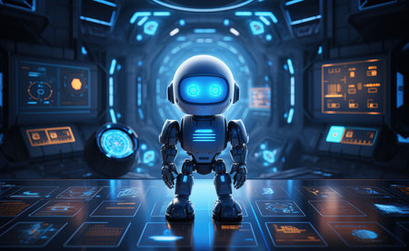 Cute neon cartoon robot. AI content generator. Chatbot technology, isometric. Technology and engineering. Chatbot AI based on artificial intelligence and neural networks. Online learning banner.の素材