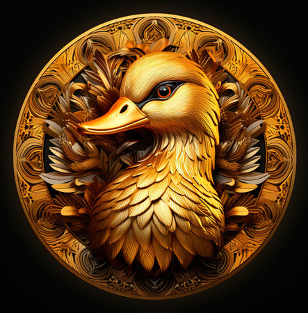 Duck icon inside golden badge or emblemの素材