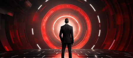 Businessman looks at the portal, in the form of data lightの素材