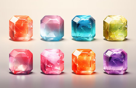 Set of transparent glossy cubes. Rainbow colors of reflective glass.の素材