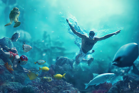 young man diving snorkeling down into the deep blue ocean sea against the sunlight. 3d render, Raster illustration.の素材