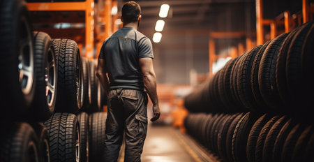 Mechanic holding tire with copy space for repair service center, maintenanceの素材