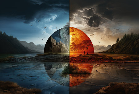 Cosmic Dichotomy: Surreal Image of a Planet Split Between Fiery Chaos and Peaceful Landscapeの素材