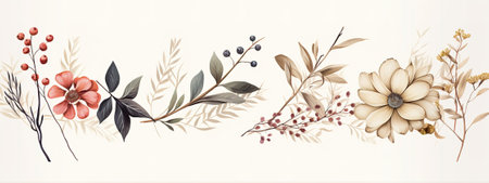 flower composition. Pattern of flowers and leaves on a white background. Flat lay, copy spaceの素材