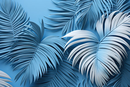 Tropical vibe with blue palm leaves arranged diagonally on a blue background - perfect for design projects and wallpapersの素材