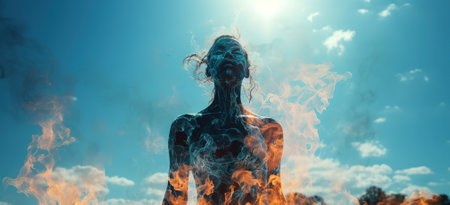 Fire and Ice: a surreal image of a head engulfed in flames and submerged in waterの素材