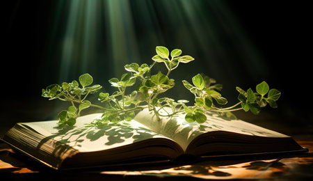 branches and a garden grow out of the pages of a bookの素材