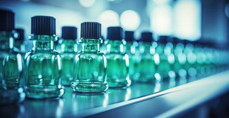 Macro shot of a medical ampoules production line in a modern pharmaceutical factory. Glass ampoules are filled. The drug manufacturing process.の素材