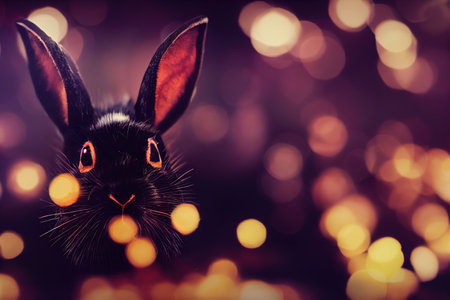 Rabbit for Christmas. cute rabbit on the background of christmas lights. Cheerful surprise.の素材